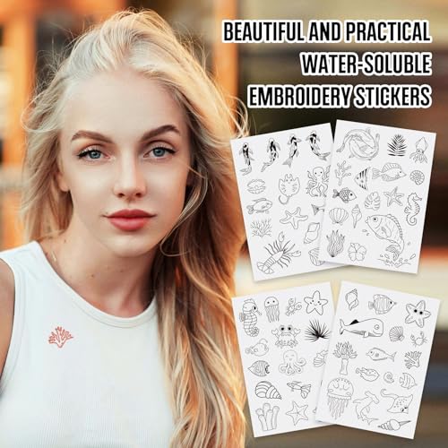 Image of Spritewelry 64 Pcs Water Soluble Embroidery Patterns Jellyfish Koi Fish Shell Conch Stick and Stitch Embroidery Paper Wash Away Sea Animal Embroidery Transfer Paper Stabilizers for Hand Sewing
