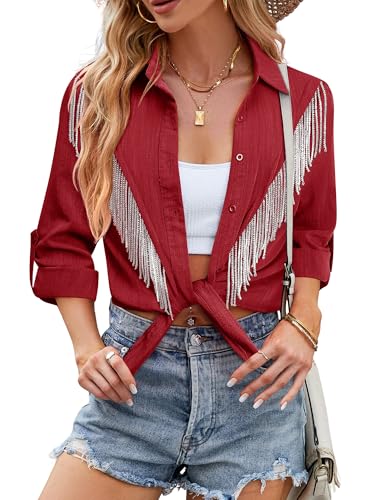 Image of MYMORE Womens Sparkly Fringe Shirt Western Cowgirl Country Concert Outfit