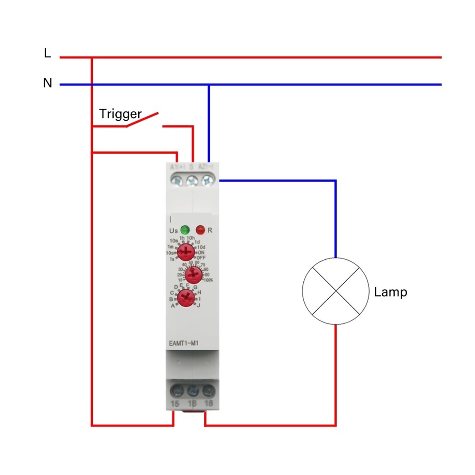 Relè temporizzato Multifunzione 16A/250VAC con 10 funzioni selezionabili, Tipo Guida DIN, 12-240VAC/DC, da 0,1 Secondi a Giorni, Pezzo(EAMT1-M2)