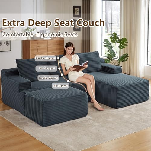 Image of 96 inch U-Shape Cloud Couch, Modern Modular Sectional L-Shape Sofa with Ottoman, Corduroy Upholstered Couches Deep Seat Sleeper Chaise Longue for Living Room, No Assembly Required(Dark Gray, Right Facing)