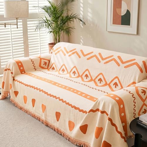 Story@Home Chenille Sofa Cover 3 Seater Fully Covered | Thick & Soft Anti Slip Chenille 3 Seater Sofa Cover for Living Room 180 cm x 340 cm (Off White & Orange)