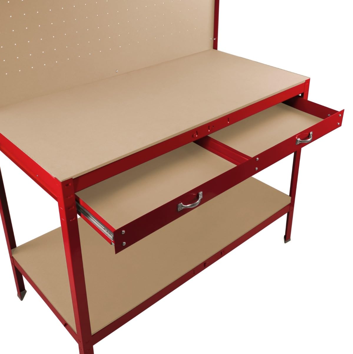 Banco da lavoro con cassetti multiuso da 120 cm con luce LED ripiani e opzioni di stoccaggio intelligenti per garage, officine e magazzini - Capacità di carico 200 kg – Rosso