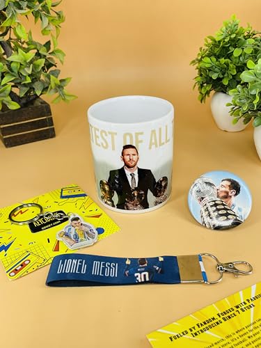 Image of SINCE 7 STORE Lionel Messi Gift box for Leo Fans, INCLUDES 4 products: 1 Messi Mug, 1 Keychain, 1 Keychain Lanyard & 1 badge