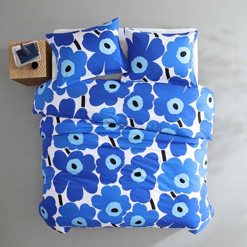Image of MARIMEKKO - King Duvet Cover Set, Cotton Percale Reversible Bedding with Matching Shams, Floral Home Decor (Unikko Blue, King)