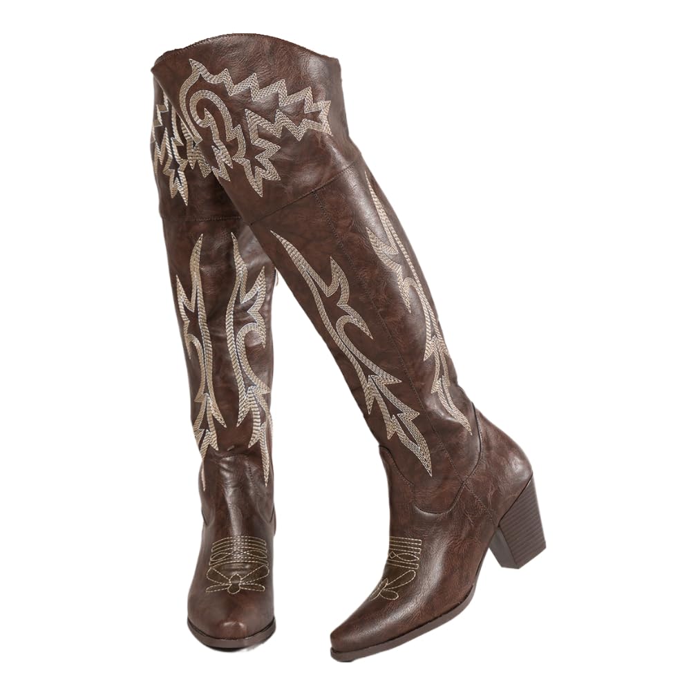 Cowboy Boots for Women Over the Knee Western Boots Embroidery Cowgirl Pull-On Pointy Toe & Wide - Plus Size Retro Comfortable Walking Lightweight