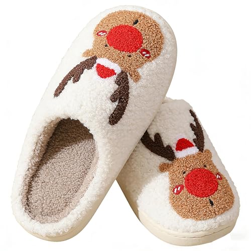 Image of Christmas Slippers Winter Warm Plush Pattern Slippers Soft Non-Slip Indoor House Shoes for Men Women