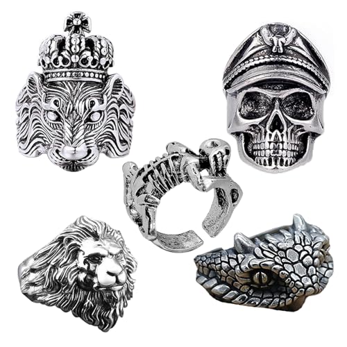 ZYEKIU 5 Piezas Anillo Hombre Anillos de Calavera Vintage Anillos Hombre Anillo Calavera Diseño de Apertura Ajustable Varios Estilos Anel para Rapero Carnaval Motociclista Punk Joyería Gótica