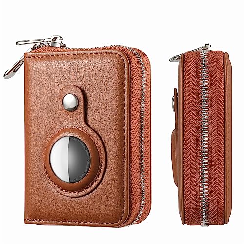 XYX Credit Card Holder Wallet for Women RFID Blocking Small Leather Card Case Wallet Zipper Accordion Wallet with AirTag Case Cover (Brown)