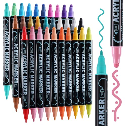 nauets 30 Colors Waterproof Dual Tip Acrylic Paint Markers, Premium Dot & Fine Tip Coloring Paint Pens Set for Paper, Rock, Wood, Fabric, Canvas, Glass, Ceramic and DIY Crafts Art Supplies