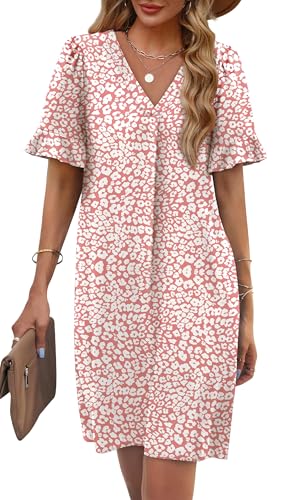 Image of OFEEFAN Summer Dresses for Women Ruffle Short Sleeve V Neck Casual Shift Dress with Pockets