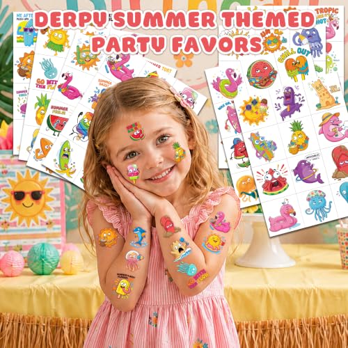 Image of 96 PCS Derpy Summer Temporary Tattoos for Kids | Funny Weird Tropical Waterproof Fake Tattoo Stickers, Silly Beach Birthday Party Favors, School Rewards Gifts for Boys Girls
