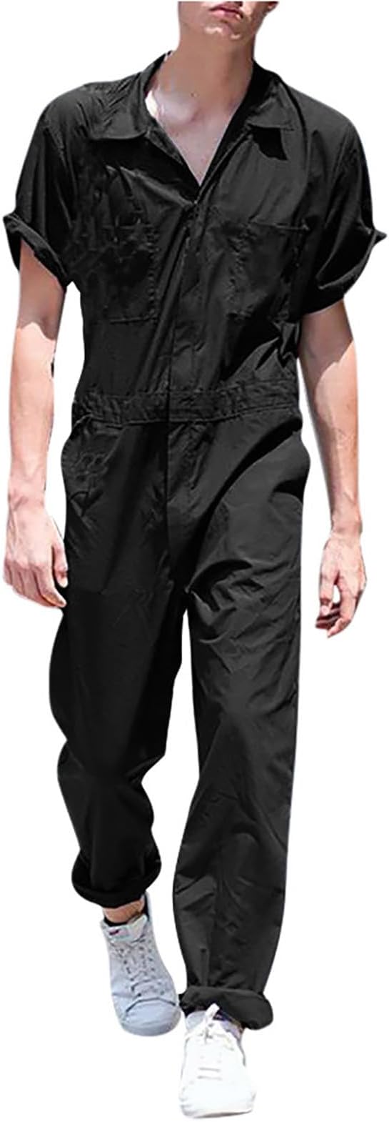 Mens Overalls Short Sleeve Zip Front One Piece Work Wear Coveralls Flight Suit Rompers Jumpsuit with Pockets