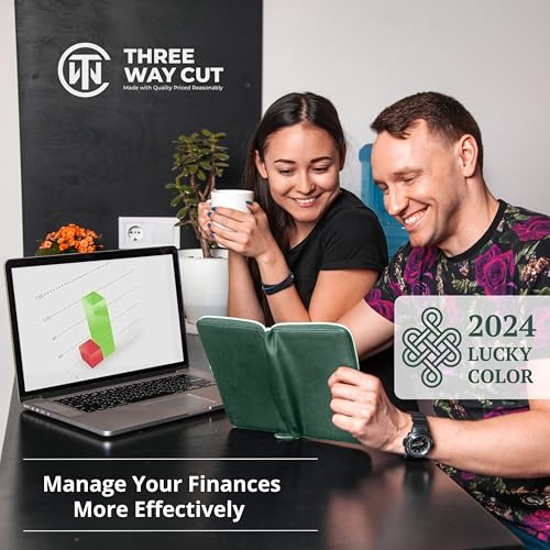 Image of Three Way Cut Cash Envelope Wallet Emerald Green All in One Budget System RFID Blocking with 12x Tabbed Envelopes 12x Monthly Budget Cards 1x Yearly Budget Planner Sheet Complete Money Organizer Set