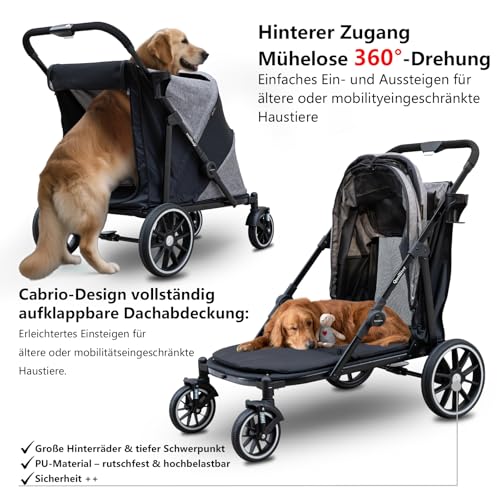 Quolliter Hundewagen Ein-Taste-Zusammenklappung Hundebuggy bis 50kg Hundewagen Große Hunde Katzenwagen für 2 Große Katzen 360° Verschleißfeste Gummiräder Netzfenstern