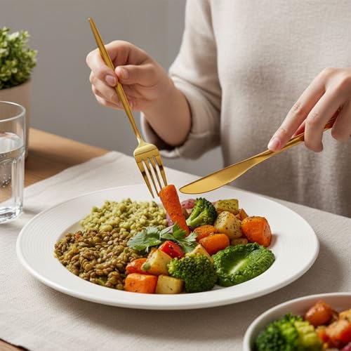 Image of 10 Pcs Gold Cutlery Set for Dining Table the Perfect Lightweight Silim Handle Tableware Including Dinner Spoon, Dinner Fork, Dinner Knife, Dessert Spoon & Dessert Fork