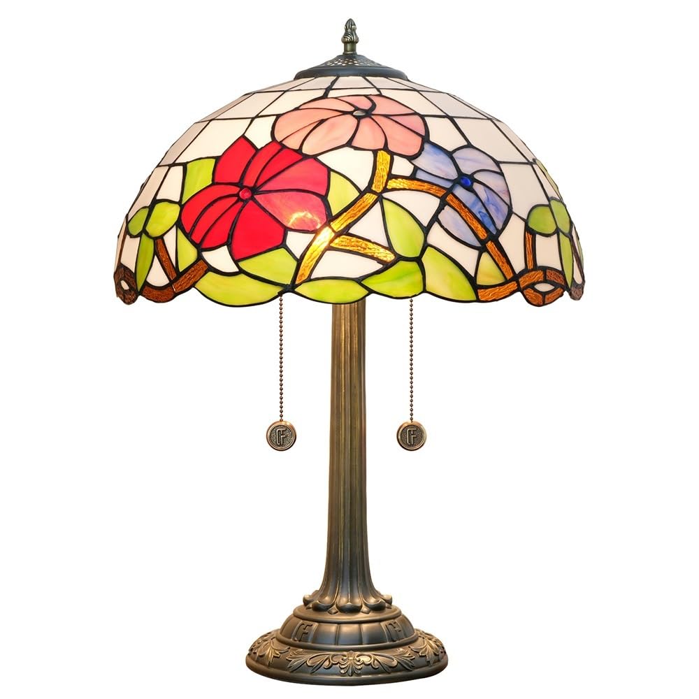 HJRegaFimu 16 Inches Lamp Large Stained Glass Table Lamps Tricolour Petunias Vintage Style Nightstand Reading Desk Light For Bedside Bedroom Living Room Art Deco