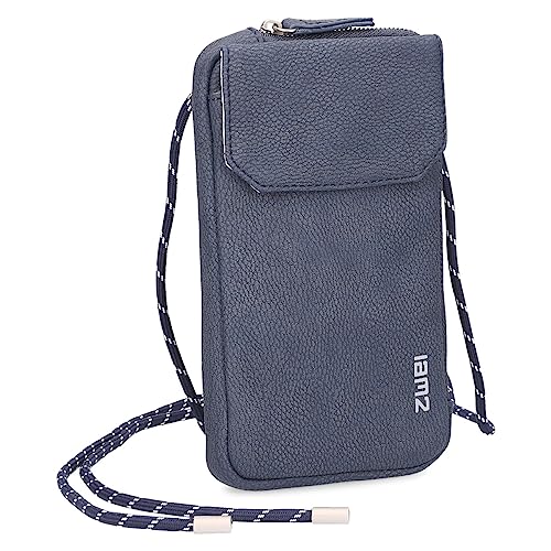 Zwei Handytasche zum Umhängen Mademoiselle.M MP30 Smartphone-Etui & Geldbörse 2-in-1, umlaufender Reißverschluss, längenverstellbarer Riemen, Mini-Handtasche 19 x 10 x 3 cm (Nubuk-Blue)