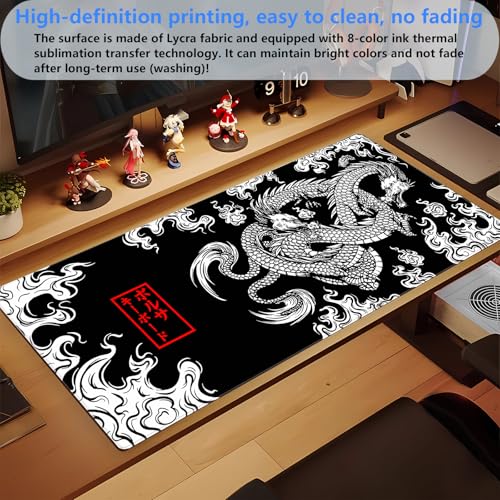 Black and White Mouse Pad Extra Large Gaming Mousepad XL Dragon Desk Mats Japanese Full Desk Keyboard Mat Computer Pad Desk Matt