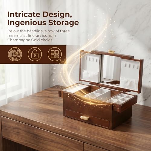 Image of Multi Layer Jewelry Organizer Desktop Storage Box 21.5''L | Made of Solid Wood with Soft Velvet Lining | Multi Layer Drawers with Built in Mirror | Large Capacity Storage | Ideal Gift