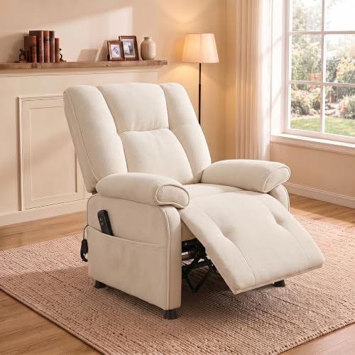 Image of Electric Recliner Chair, 90 to 160 Adjustment with Remote, Beige | Recliner Sofa with USB & Type C Charging, Chenille Upholstery and Side Storage Pocket, Zero Gravity Home Theater Seating