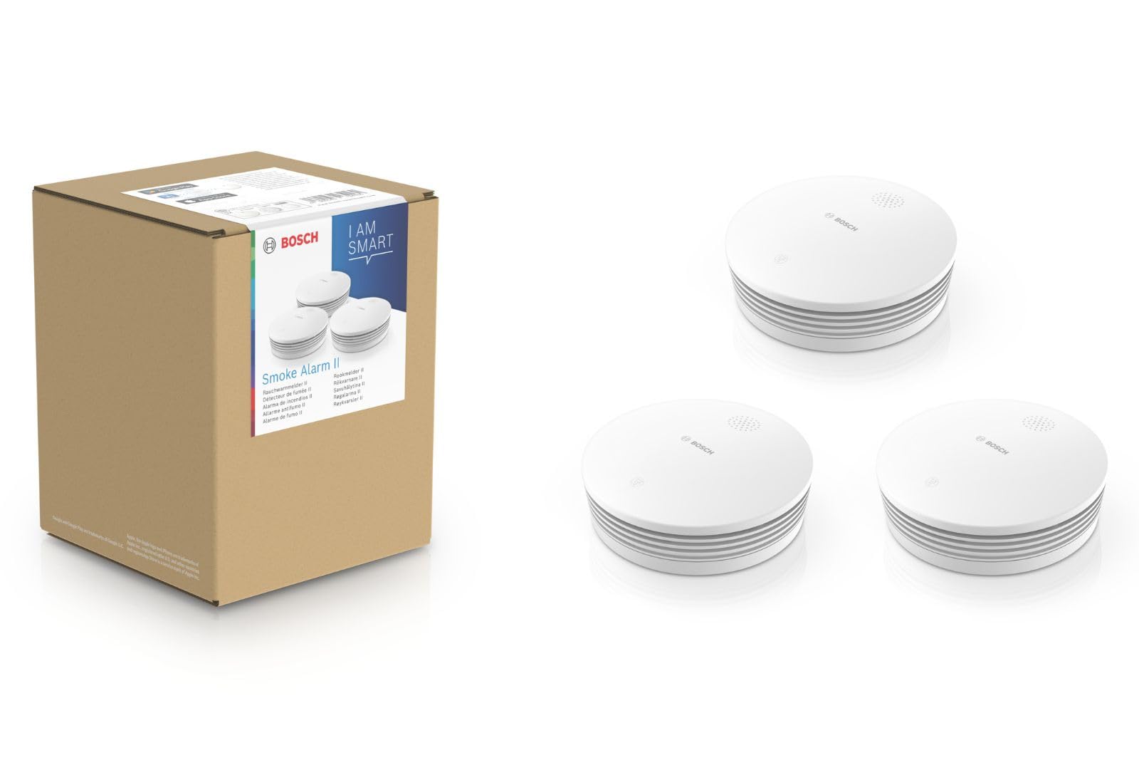 Bosch Smart Home Detector de Humo Conectado II, Detector de Incendios con función de aplicación y batería reemplazable, Compatible con Apple HomeKit, Juego de 3 Unidades