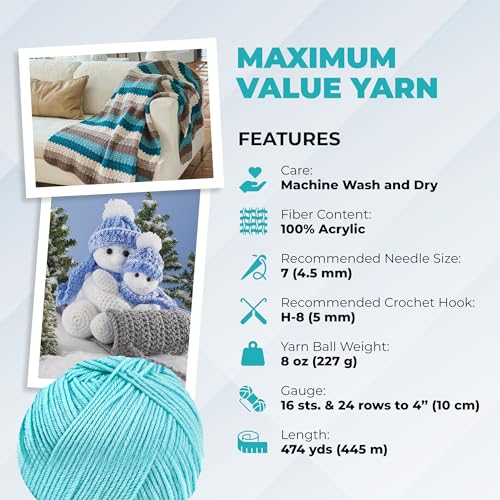 Image of Mary Maxim Maximum Value Acrylic Yarn for Crocheting and Knitting, Soft Worsted Weight Teal Yarn 4, Ideal for Blankets, Sweaters, Hats, and Scarves, 8 oz Skein (474 Yds), Light Teal - 1 Skein