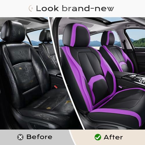 Image of Coverado Car Seat Covers Front Seats, 2 Pack Nappa Leather Seat Covers for Cars, Waterproof Car Seat Protector with Lumbar Support, Front Seat Covers Universal Fit for Most Cars (Black&Purple)