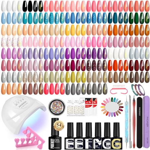Phoenixy Kit Ongle Gel UV Complet avec Lampe U V 48W, 54 Couleurs Vernis Semi-Permanent + Base, Top Coat (Brillant, Mat, Doré, Argenté) + Paillettes et...