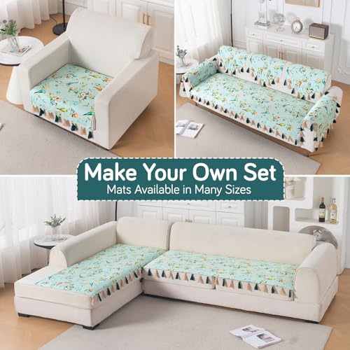 Image of HOKIPO Sofa Cover Mat with Tassel for 1 /2 /3 Seater & L Shape Sofa | DIY Sofa Cover Set | Printed Holland Velvet | 'Whispers of Nature' | 70(W) x 180(L) cm | Mint Birdsong Blossom (IN-1122-D3)