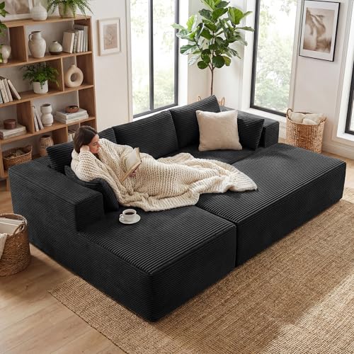 Image of GRUSIGN 106 inch Oversized Sectional Boneless Sleeper Sofa Bed Couches for Living Room, Modular L Shaped Couch with Left Facing Chaise & Big Ottoman, Compressed Spineless Corduroy Cloud Sofas, Black