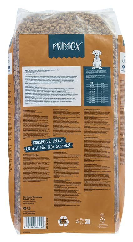 Primox Hunde-Trockenfutter 15kg | hergestellt in DE | Nährstoffreich | Ohne Zucker & andere Zusätze | Für Vitalität & Gesundheit beim Hund (Lamm & Reis)