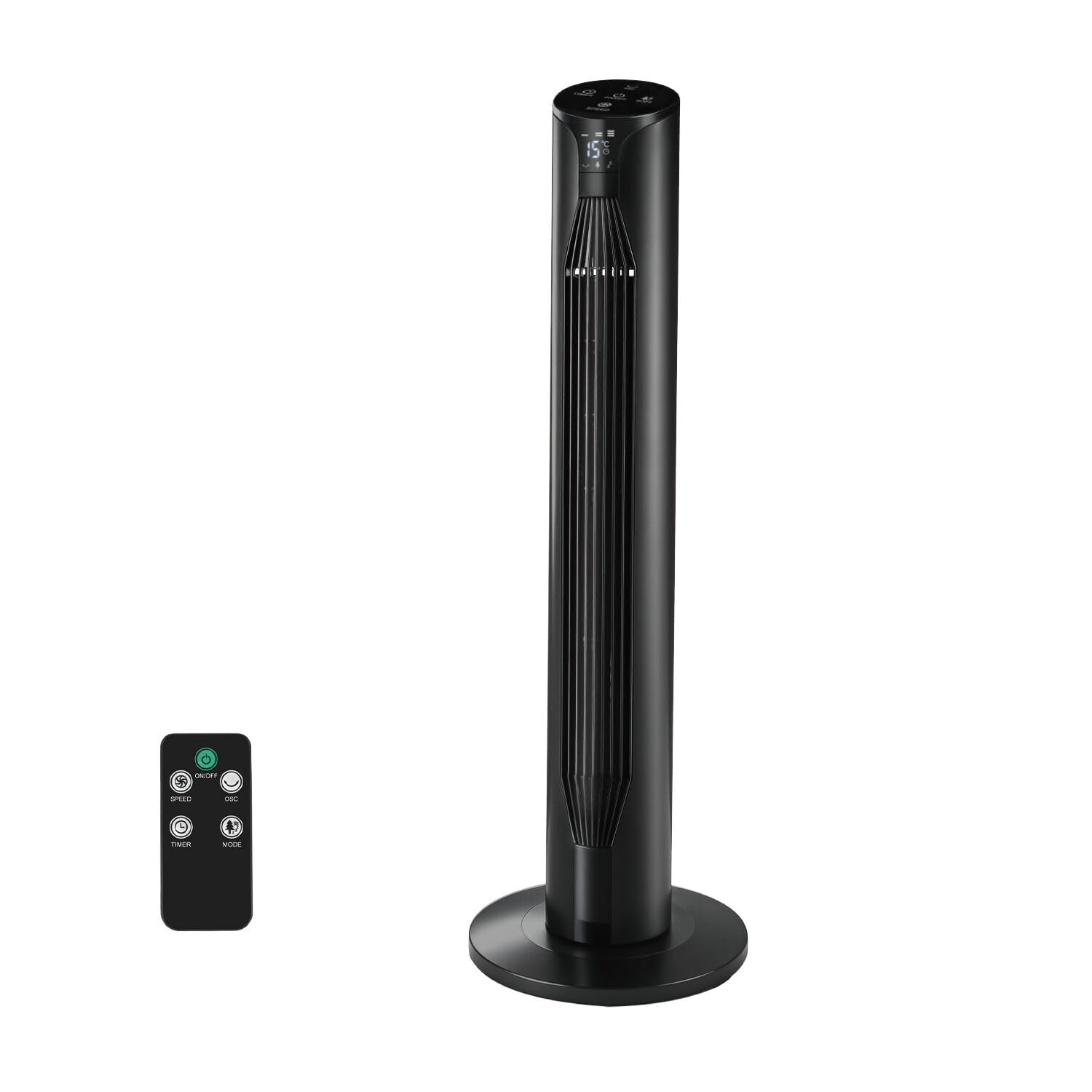 Ventilador de Pie Silencioso, Ventilador de Torre 55 W, 36'' (92cm) de Altura, Temporizador 12H Oscilación 3 Velocidades, 3 Modos, Oscilación 70°, Pantalla LED y Mando a Distancia Incluido, Negro