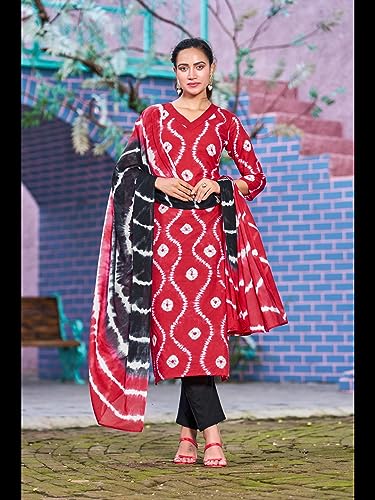 Image of GoSriKi Women's Cotton Blend Straight Printed Kurta with Pant & Dupatta