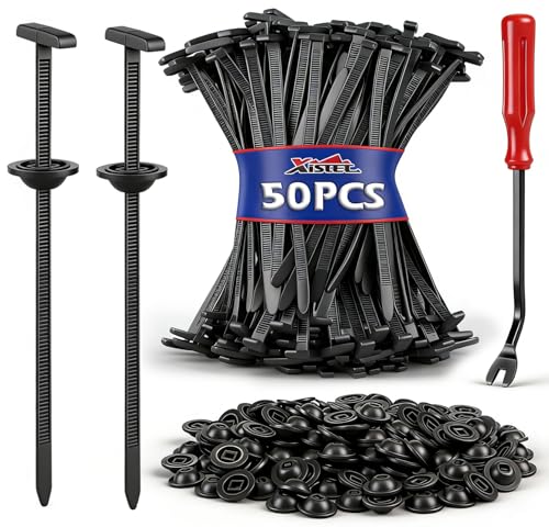 Image of Xislet 150mm Long Zip Ties, 50Pcs Nylon Universal Cable Tie Buckle, 50lb+ Heavy Duty Zip Ties with Vertical T-Head & Umbrella Button, PA66 Car Zip Tie Bumper Fender Liner Splash Shield Engine Cover