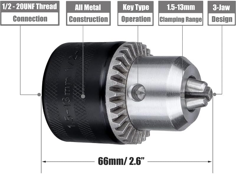 1/2-Inch Drill Chuck with Key 1.5-13mm Drill Press Chuck Replacement 12-20UNF Mount for Impact Driver Power Drill