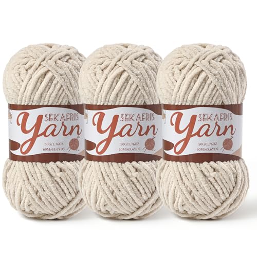Image of 3 Pack Fluffy Velvet Yarn for Crocheting,Baby Blanket Yarn for Crocheting Soft,150g(196.8yds) Amigurumi Yarns,Plush Chenille Crochet Yarns,Puzzle Yarn for Crochet Weaving Craft(3 Light Khaki)