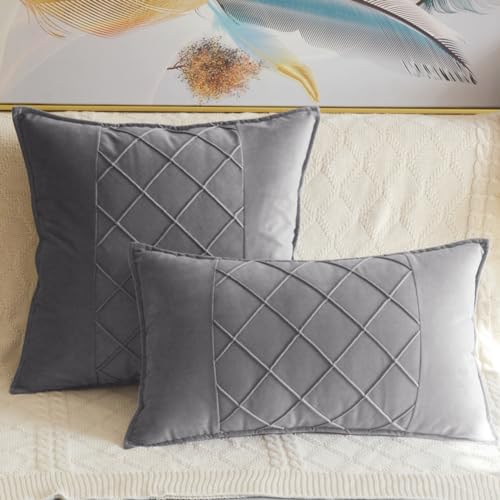 Lutanky Grey Oblong Cushion Covers 30 x 50 cm (Pack of 2) Patchwork Design Soft Velvet Pillow Covers Decorative Rectangle Throw Pillow Cases for Sofa Bedroom Home Accessories 12x20 Inch - Cosy Home Interiors Lutanky Grey Oblong Cushion Covers 30 x 50 cm (Pack of 2) Patchwork Design Soft Velvet Pillow Covers Decorative Rectangle Throw Pillow Cases for Sofa Bedroom Home Accessories 12x20 Inch - Image 3