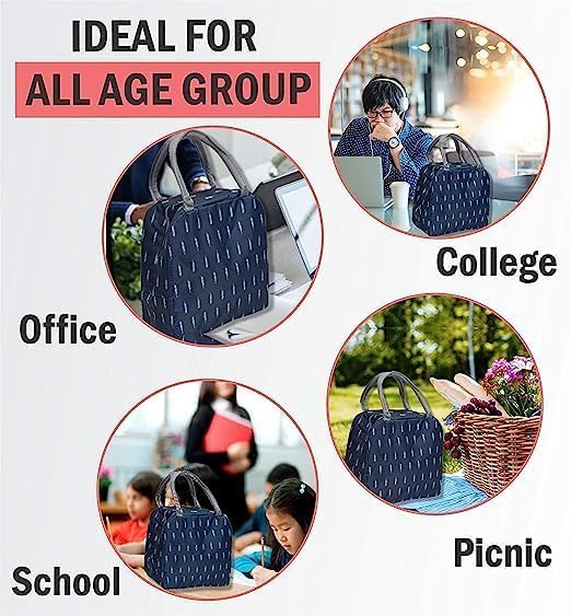 Image of AOXITO Polyester Large Insulated Lunch Bag for Office Men, Women, Kids School, Travel Tiffin Bag Pouch, Hot & Cold Lunch Box Bags for Boys, and Girls (Blue Leaf) (Blue), 10 Liters