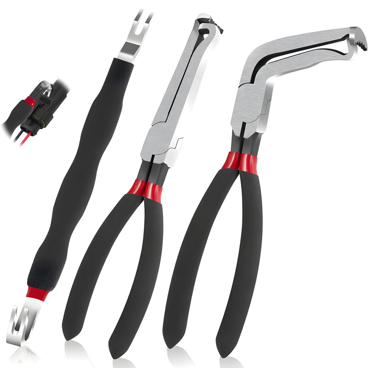 DKMHA 8" 60-Degree Electrical Disconnect Pliers for Automotive Connectors & Sensors - Angled Wire Plug Removal Tool, Locking Push Tab Pliers for Car Electrical Wiring (3 Piece Set)