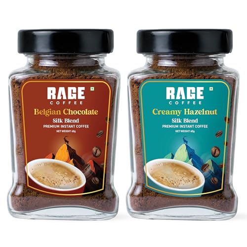 Image of Rage Coffee Silk Blend Instant Coffee | Belgian Chocolate & Creamy Hazelnut Silk Blend Flavoured Coffee 60 GMs Each | Premium, Bold & Smooth | Pack of 2