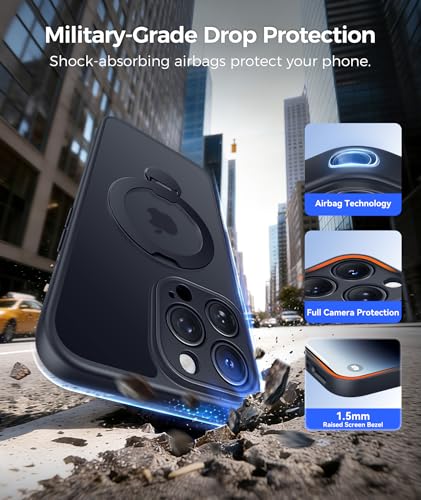 Image of FNTCASE for iPhone 14 Pro-Max Case: [360 Spin Magnetic Stand] [Compatible with Magsafe] [Screen Protector] Translucent Matte Military Grade Shockproof Full Camera Protective Phone Cover - Black