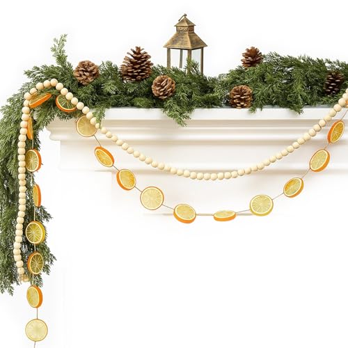 Yinkin 6.5 ft Artificial Orange Slices Garland Christmas Decorations with 6.5 ft Rustic Wooden Bead Garland Hanging Ornaments for Christmas Tree Fireplace Wreath Doorway Wall Window Decor