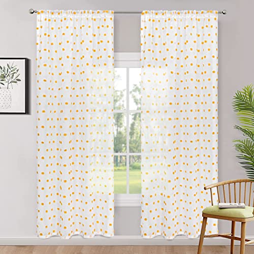 Image of MYSKY HOME Burnt Orange Pom Pom Sheer Curtains for Bedroom 84 Inch 2 Pieces | Light Filtering, White Sheer Curtains, for Nursery Girls Kids Room, Rod Pocket, Voile Window Drapes, 50 x 84 inch
