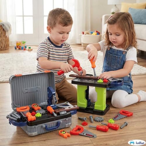 Image of FunBlast Kids 3 in 1 Tool Kit Suitcase with Workbench - Pretend Play Tool Set for Boys, Portable Engineer Toy with Tools, DIY Construction Playset Gift for Kids 3-8 Years (Small-30 Pcs)