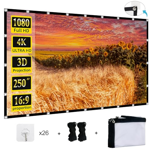 Projector Screen 250 inch XINLEMY Large 4K HD 16:9 Foldable Portable Projection Cinema Screen Washable Double-Sided Video Projector Screen Suitable for Backyard Partying