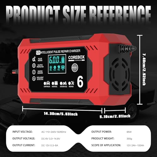 Image of COREBOX Battery Charger 6-Amp 12V Car Battery Charger Chargeur Intelligent 12V, Trickle Charger, Battery Maintainer Desulfator with Temperature Compensation for Car Motorcycle Truck Lawn Mower (Red)