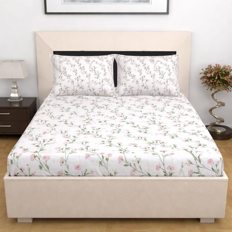 Image of Designer Floral Printed Flat Bedsheet for Double Bed 200tc to 220tc | Ultra Soft Cotton Fabric | King /Queen Size Top Sheet with 2 Matching Pillow Covers - 228 x 228 Cm, Pink Green