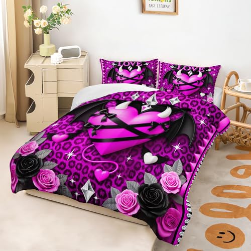 Image of AILONEN Gothic Love Heart Comforter Set Queen Size,Hot Pink Leopard Print Bedding Set for Fashion Girl Bedroom Decor,3-Piece Roses Quilt with 2 Pillowcases