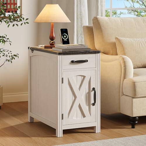 ONBRILL Farmhouse End Table with Charging Station Narrow Side Table with Barn Door Rustic Wood Sofa Side Table with Drawer and Storage Cabinet 23.5 Small Nightstand for Living Room (Rustic White)