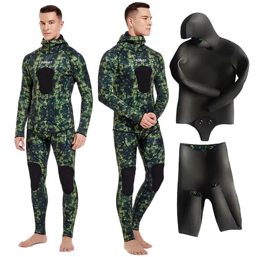 DEMMET Neoprene Open Cell Wetsuit 3MM Hunting Fish Wetsuits Men Camouflage Hooded 2 Pieces Long Sleeve CR Diving Suit Spearfishing Submersible Suit Keep Warm Snorkeling Surfing (Green, Small)